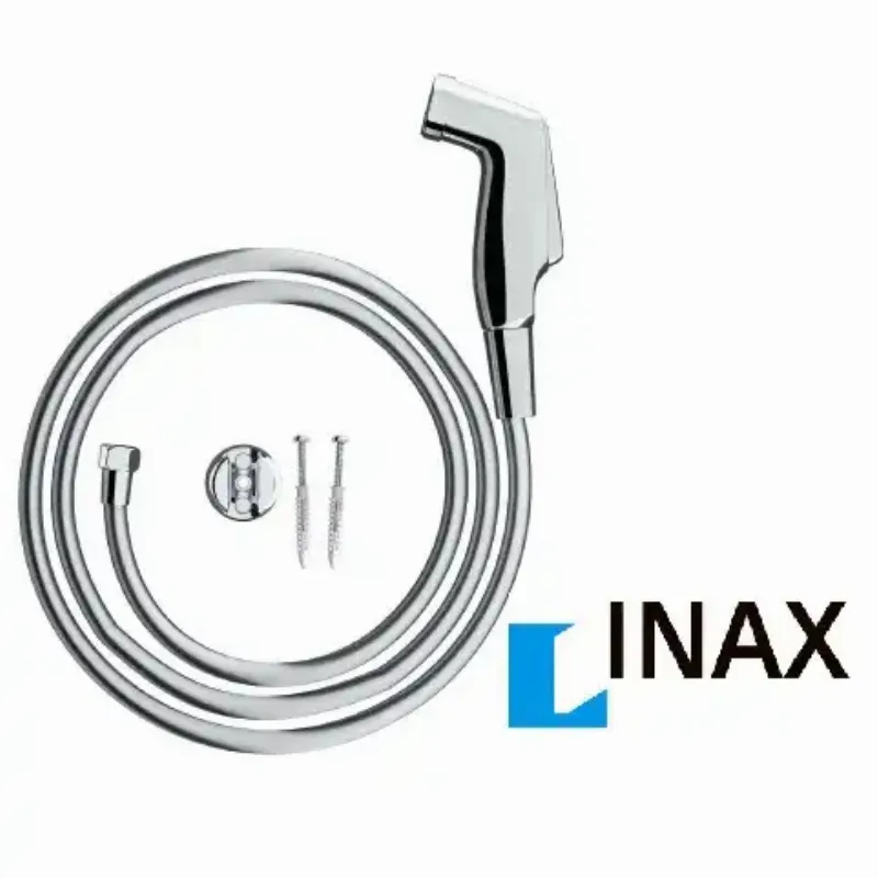 Hình ảnh một bộ vòi xịt toilet tiêu chuẩn màu trắng gắn tường, thể hiện đầy đủ các bộ phận dây và đầu xịt.